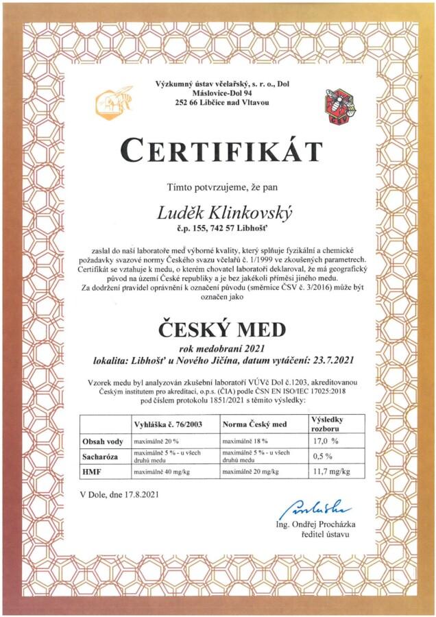 Certifikát Český med 2021