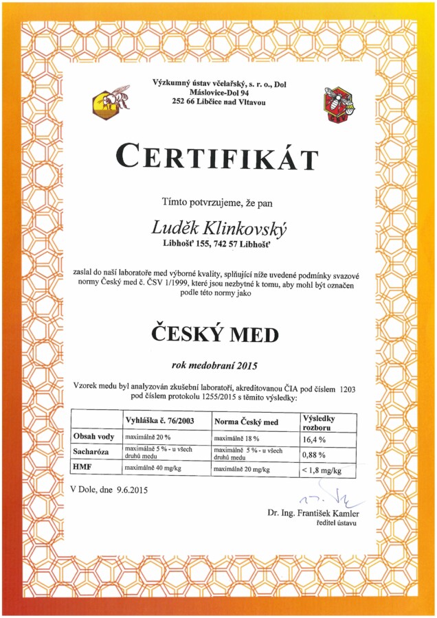 Certifikát rozbor medu 2015