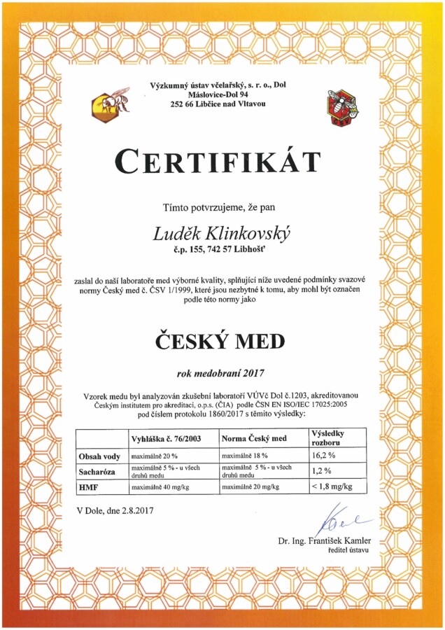 Certifikát rozbor medu 2017