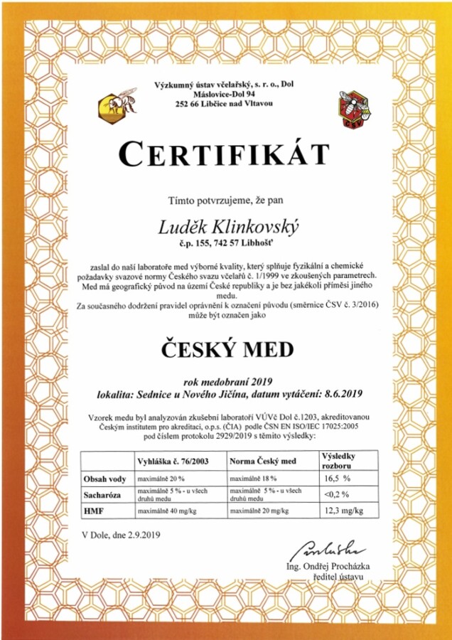 Certifikát Český med 2019 včelařství Klinkovšťí med Ostrava