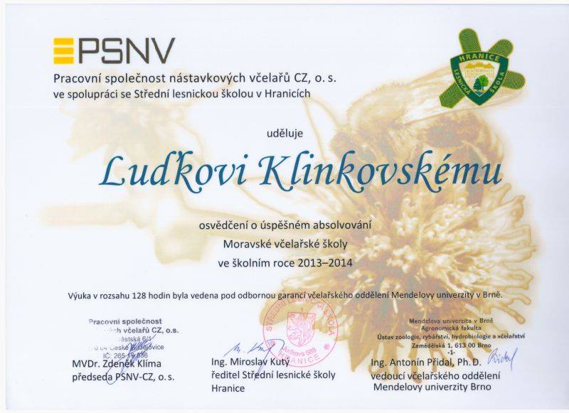 Moravská včelařská škola diplom Luděk Klinkovský