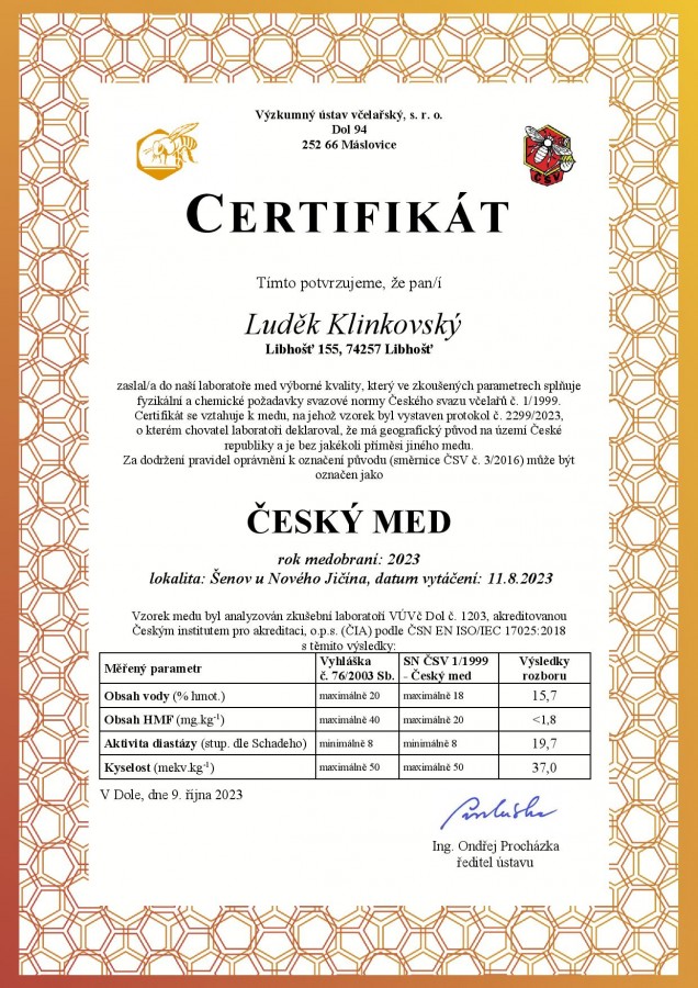 Certifikát Český med 2023