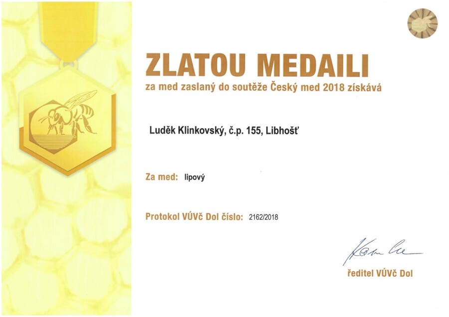 Zlatá medaile Český med 2018 med lipový